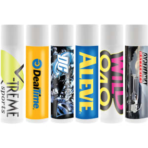 A collection of six lip balm tubes in various colours, each featuring different branding and designs.