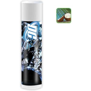 A lip balm tube featuring a sleek design with a predominantly blue and silver colour scheme. It has a logo.