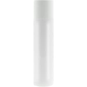 A clear lip balm tube with a white cap, featuring a smooth surface and a simple, minimalist design.