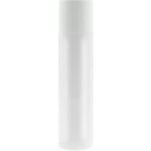 A clear lip balm container with a white cap, featuring a simple design and a visible branding logo.