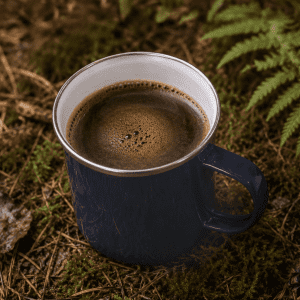A drink bottle featuring a navy blue mug filled with dark coffee, set on a natural, forested background.