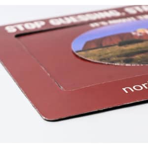 A magnetic photo frame in maroon, featuring a circular cut-out for displaying a photo, with a branding logo.