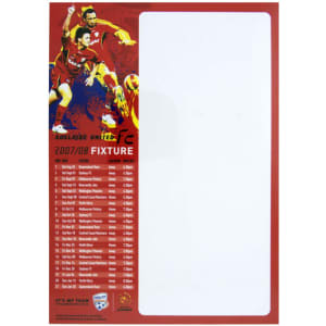 A magnetic whiteboard in red and white, featuring a blank section for notes and a graphic design with a logo.