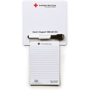 A white magnetic board with a notepad and a black marker, featuring a logo at the top.