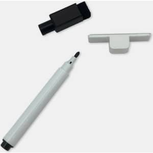 A magnetic whiteboard marker in white, with a black eraser and a white cap, set against a plain background.