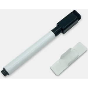 A white dry erase marker with a black tip, accompanied by a white marker holder.