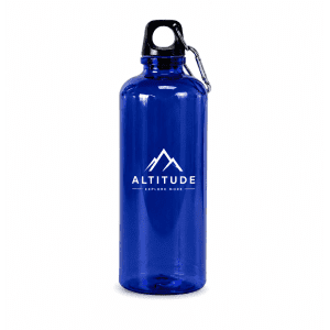 A drink bottle in blue plastic with a black cap and carabiner, featuring a logo.