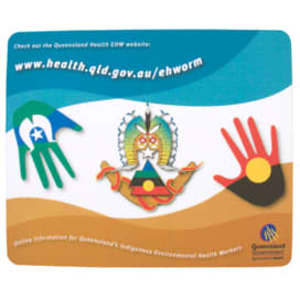 A mouse mat featuring a colourful design with hands, an emblem, and a logo, in shades of blue, green, red, and yellow.