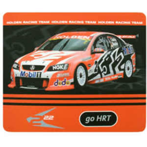 A mouse mat featuring an orange design with a racing car graphic and a branding logo.