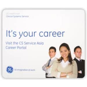 A mouse mat featuring a white background with a logo and an image of three professionals.