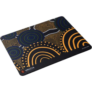 A mouse mat featuring an Aboriginal-inspired design with blue, orange, and white patterns. It includes a logo.