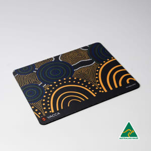 A mouse mat featuring an indigenous-inspired design with vibrant patterns in blue, orange, and white. It has a logo.