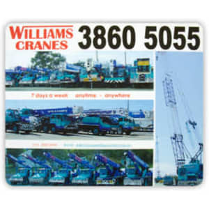 A mouse mat featuring images of cranes in blue and black, with branding and graphic elements.