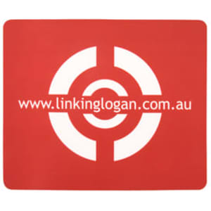 A red mouse mat featuring a circular design and a logo. Dimensions are 230mm x 190mm.