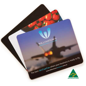 Three mouse mats featuring colourful designs, including images of tomatoes and an aircraft. One has a logo and branding.