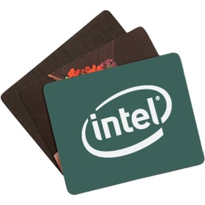 Three fabric mouse mats in various designs and colours, featuring a logo on one of them.