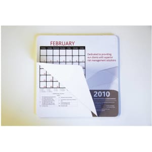 A mouse mat featuring a calendar design for February 2010, primarily in white with red and grey accents.