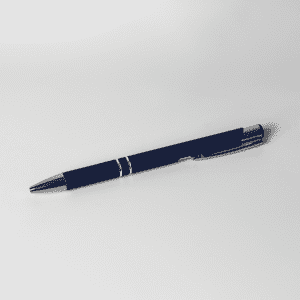 A metal pen in navy blue with silver accents, featuring a sleek design and branding.