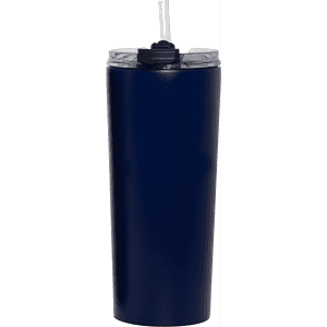A drink bottle featuring a navy blue finish with a lid and straw, designed for vacuum insulation.