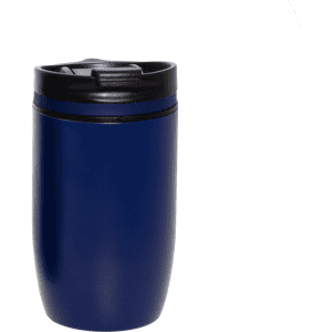 A drink bottle with a navy blue finish and a black lid, featuring a logo on the side.