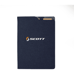 A navy blue notebook with a subtle texture and a logo on the front cover. It has a pocket for cards or notes.