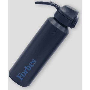 A drink bottle in navy blue with a screw-top lid and a logo.