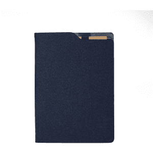 A navy blue A4 notebook with a smooth cover and a logo on the back.