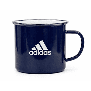 A drink mug in navy blue with a white logo. Features a handle and metallic finish.