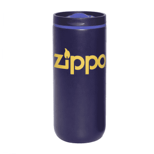 A drink bottle featuring a dark purple finish, with a logo on the side and a secured lid.