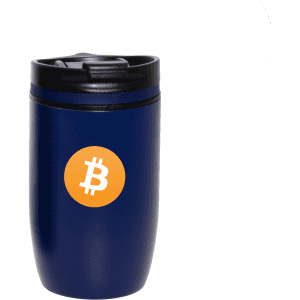 A drink bottle in navy blue with a black lid and a logo featuring a Bitcoin symbol.