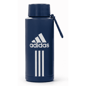 A drink bottle in navy blue featuring a white logo and three stripes design. It includes a secure cap with a handle.