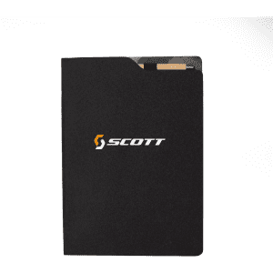 A black A4 notebook with a logo, featuring a sleek cover and a side pocket for cards.