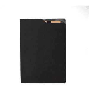 A black A4 notebook featuring a sleek design with a pocket and an interior insert for holding cards.