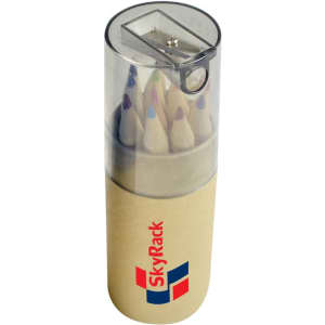 A pencil set featuring an assortment of coloured pencils housed in a clear, cylindrical sharpener container with branding.