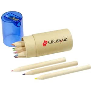 A set of coloured pencils in a cardboard tube, featuring various colours and a blue sharpener.