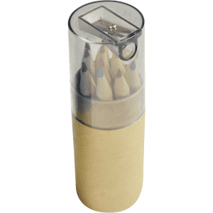A pencil set featuring coloured pencils in a clear container with a built-in sharpener on the lid.