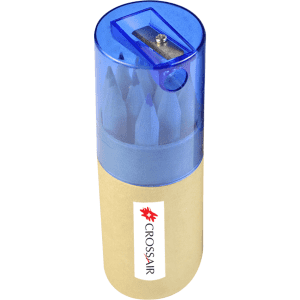 A pencil set featuring a range of coloured pencils stored in a transparent sharpener container.