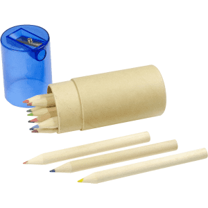 A set of coloured pencils in a kraft tube, accompanied by a blue sharpener. The pencils are various vibrant colours.