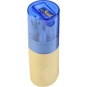 A 2 in 1 pencil set featuring several coloured pencils with a blue and gold casing, including a built-in sharpener.
