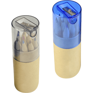 A 2 in 1 pencil set featuring coloured pencils with a sharpener, housed in translucent containers.