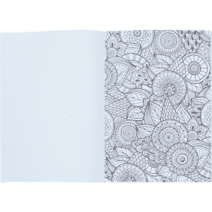 A5 colouring book featuring intricate black and white floral designs on one page and a blank page on the other.