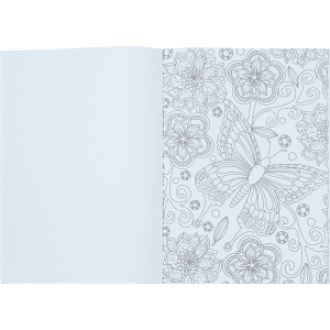 A5 colouring book featuring intricate floral and butterfly designs in black and white on a blank background.