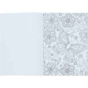 A4 colouring book featuring intricate floral and butterfly designs in black and white on its pages.