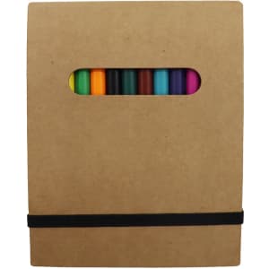 A notepad set with a brown cover and an assortment of colourful markers visible through a cut-out window.