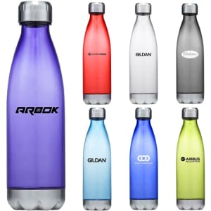 A drink bottle collection featuring various colours: purple, red, silver, green, and blue, each with branding.