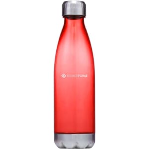 A drink bottle with a sleek red plastic body and a silver cap, featuring a logo on the side.