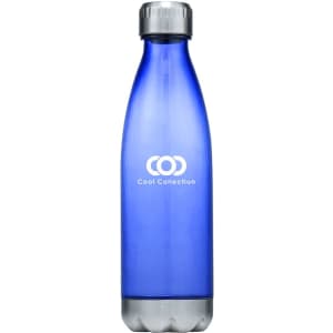 A drink bottle in blue with a metallic silver base, featuring a logo on the front.