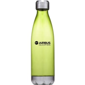 A drink bottle in translucent green plastic with a metallic silver lid and a logo on the front.