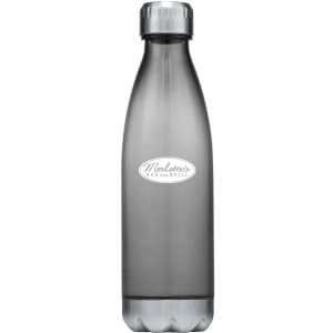 A drink bottle made of grey plastic with a sleek design and a metallic cap, featuring a logo.