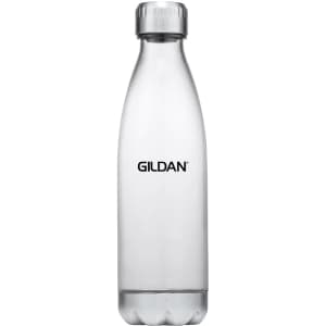 A drink bottle in clear plastic with a silver cap and a logo on the side.